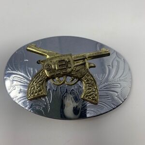 Western Crossed Pistols Belt Buckle Silver Tone Gold Guns